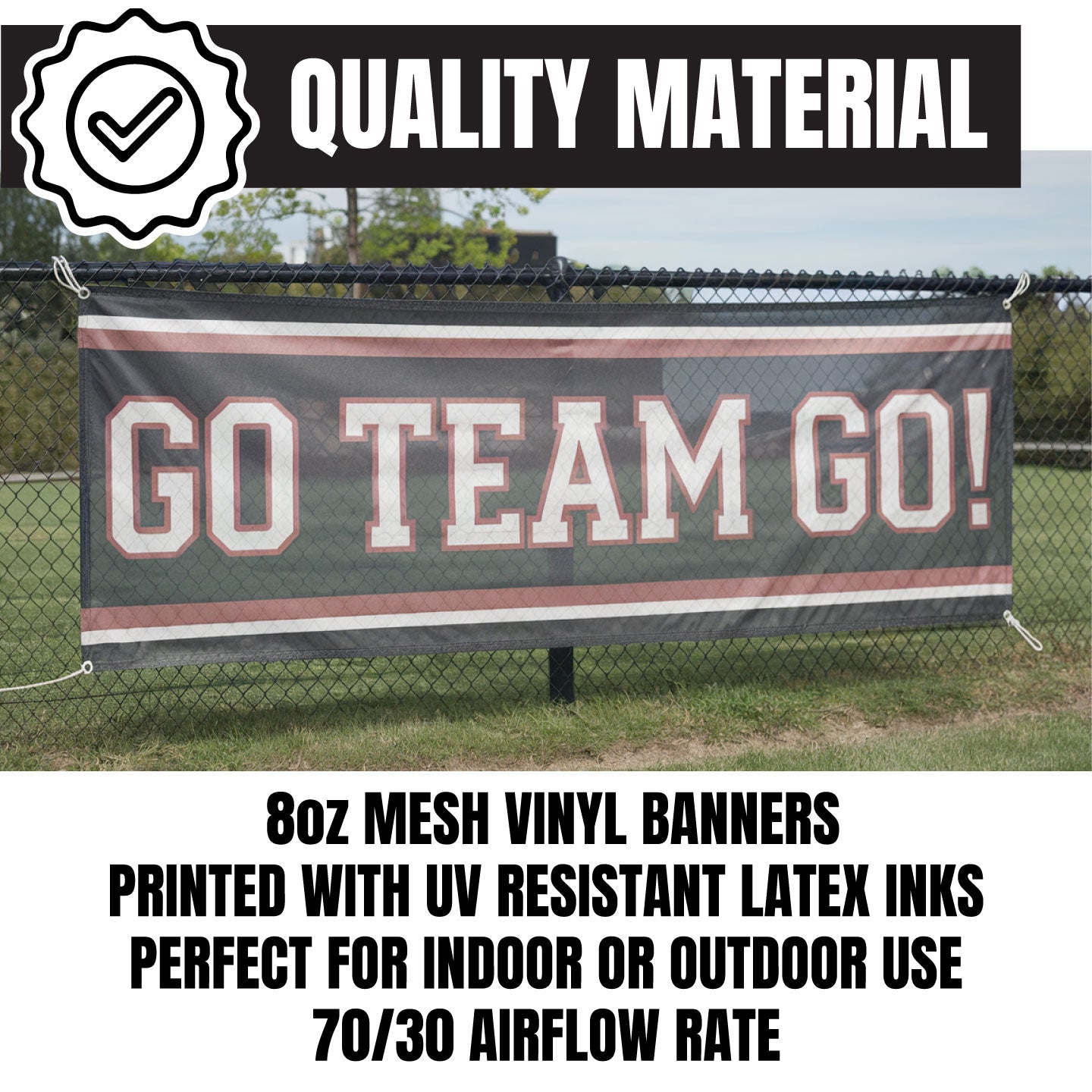 Mesh Banner with 'GO TEAM GO!' text on a fence, featuring quality material text and product details.