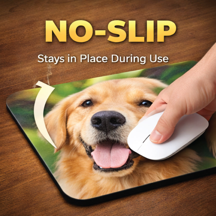 Custom mouse pad on home office desk with mouse and keyboard