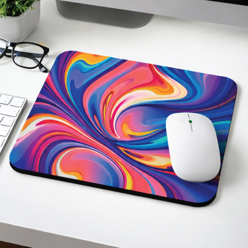 Colorful mouse pad with a swirling design on a desk with a computer mouse.