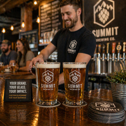 Person serving Summit Brewing Co. beer at a bar with branded glasses.