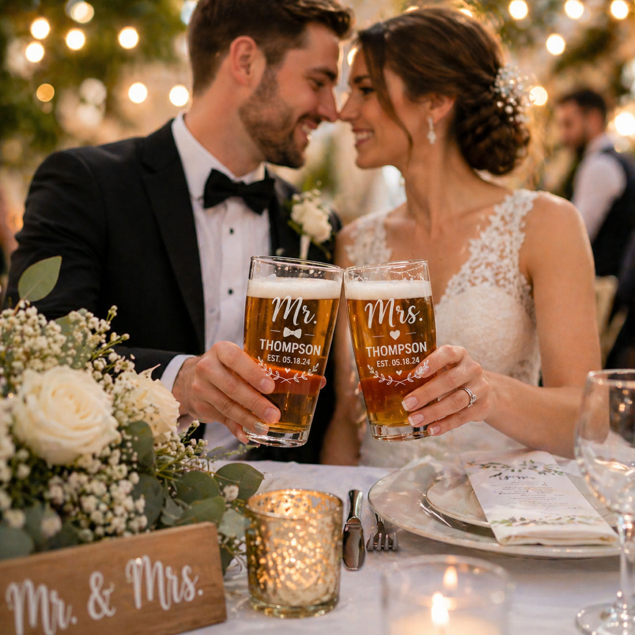 Couple holding 'Mr. and Mrs.' glasses at a wedding reception with a 'Mr. & Mrs.' sign.
