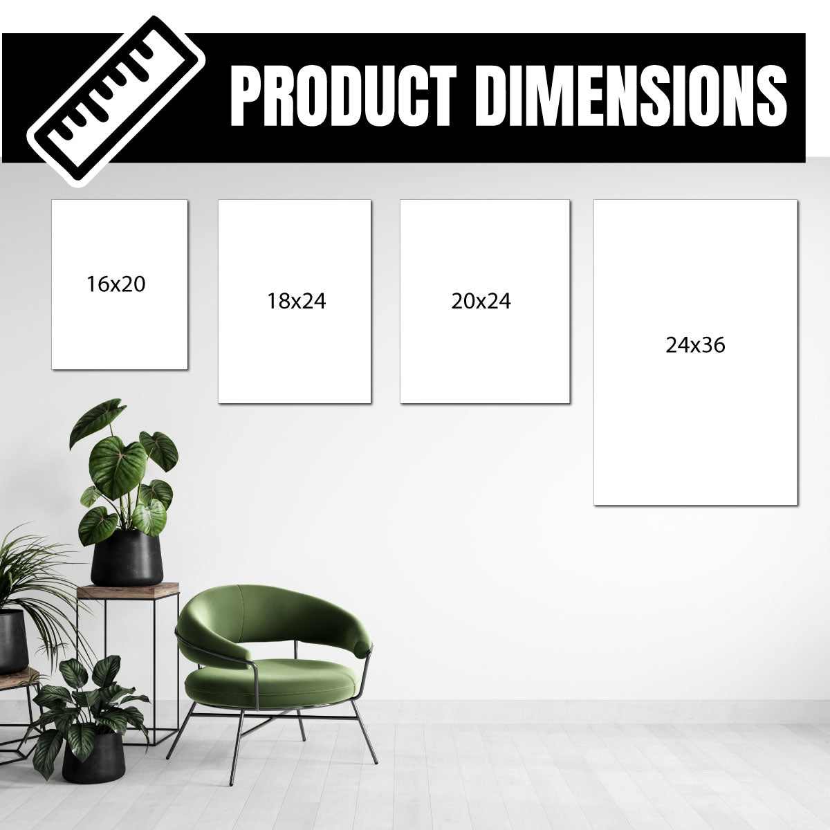 Product dimensions chart with framed prints and a green chair in a room setting for customer poster sizes
