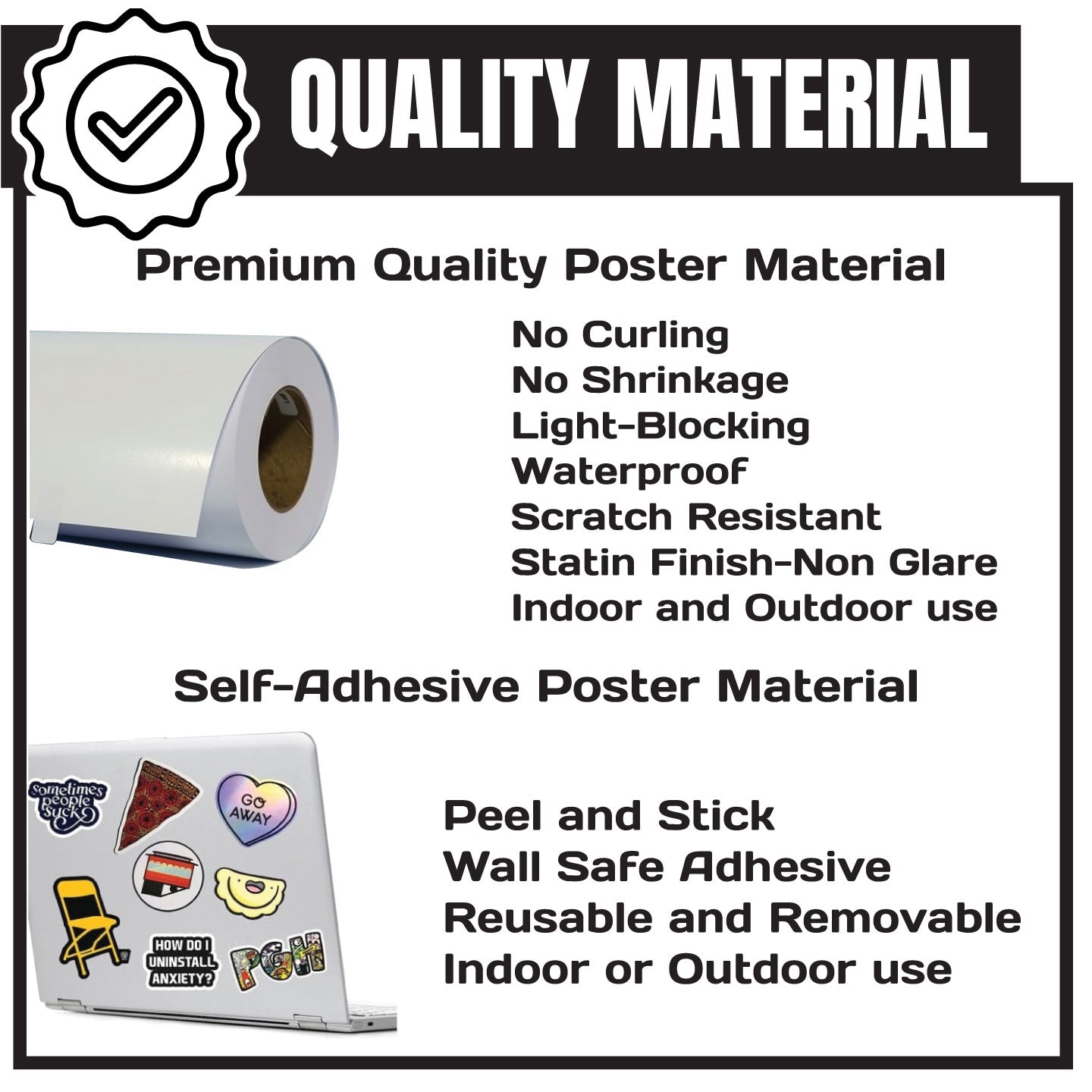 Premium quality poster material waterproof, self-adhesive poster material with text highlighting its qualities.