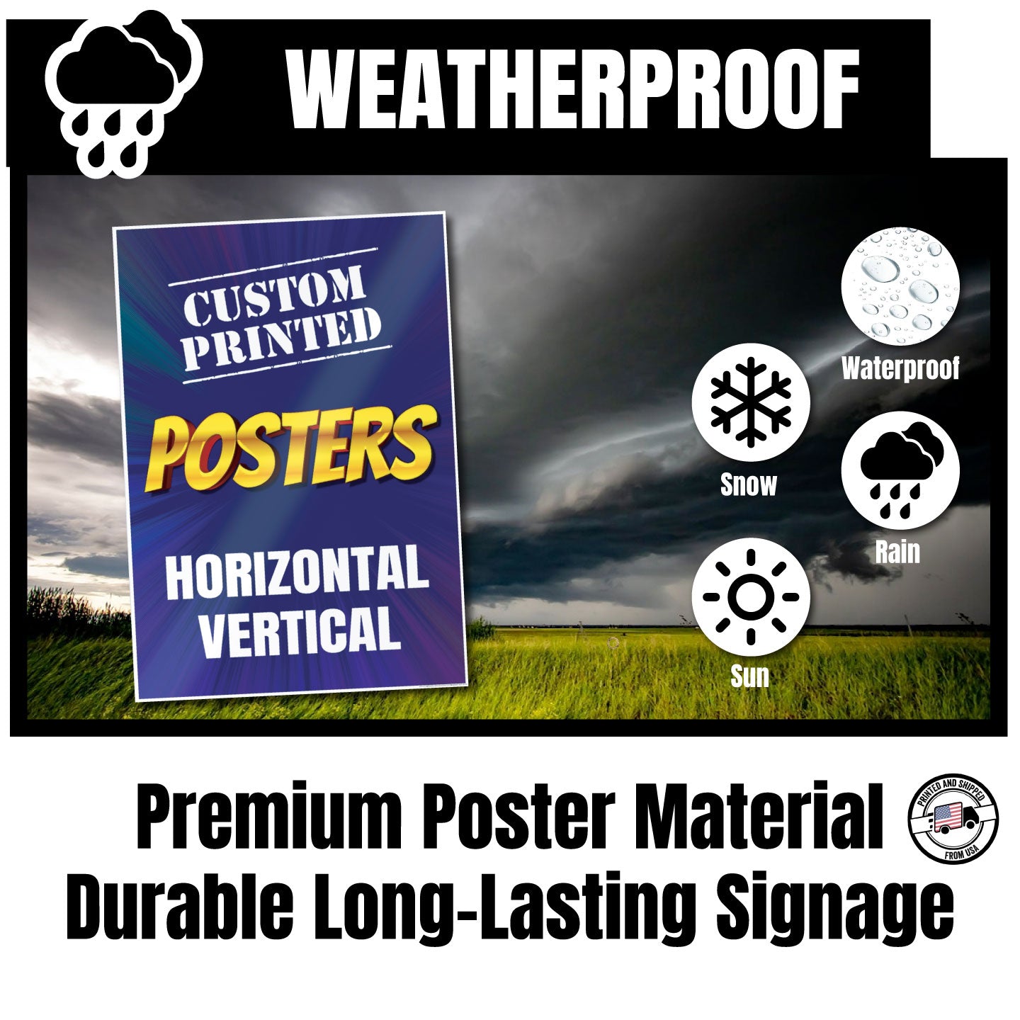 Weatherproof custom printed posters with a stormy sky background.