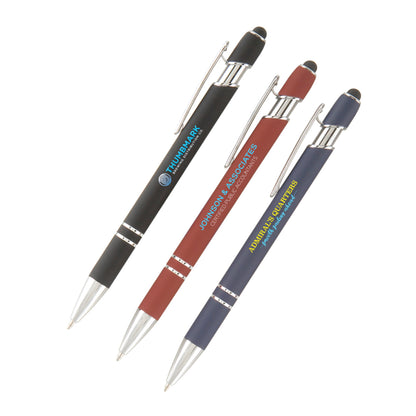Three stylus pens with different colored barrels on a white background