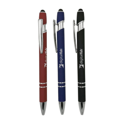 Three pens with stylus tips, each in different colors and featuring the digitalfish logo.