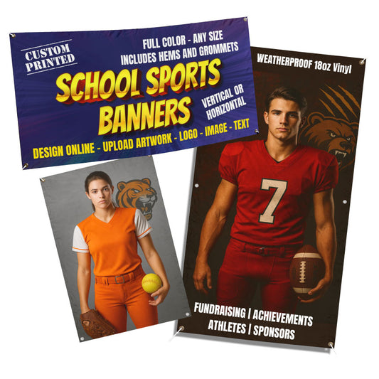 Custom School Sports Banner printed on vinyl with student photo, name, and number — personalized senior athlete banner with school mascot colors.
