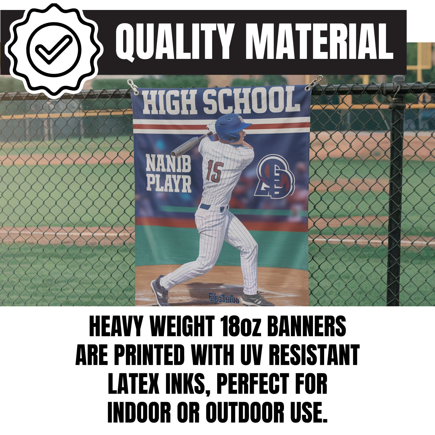 Personalized senior sports banners hanging on a chain-link fence at a school baseball field — custom vinyl team photo banners for athletes.