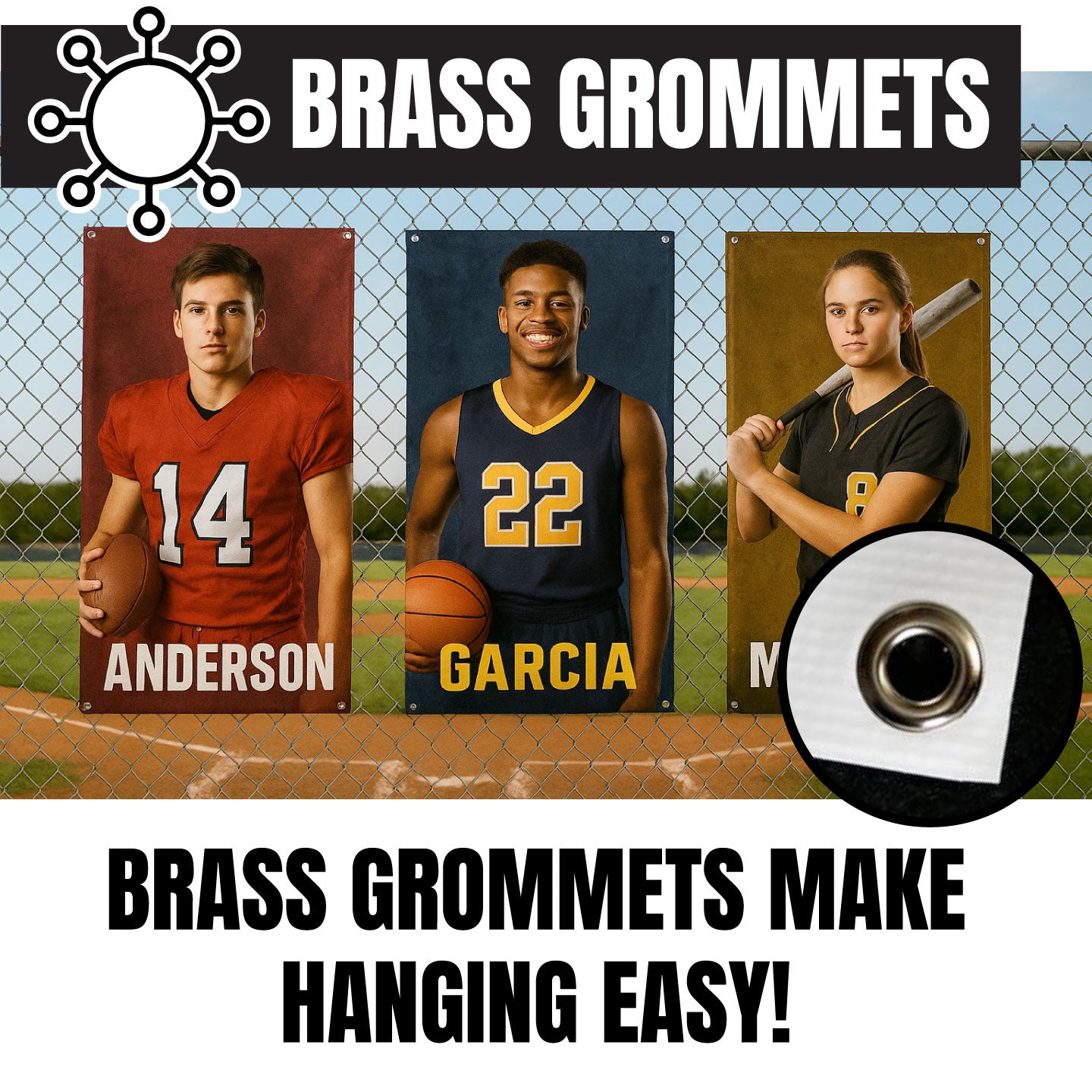 Personalized senior sports banners hanging on a chain-link fence at a school baseball field — custom vinyl team photo banners for athletes.