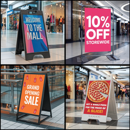 Collage of promotional signs in a shopping mall with various messages.