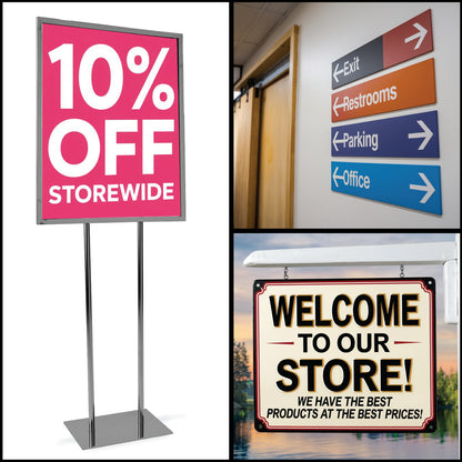 Collage of three signs: a pink '10% OFF STOREWIDE' sign, a directional sign with arrows, and a 'Welcome to our Store!' sign. Custom Plastic Styrene Signs.