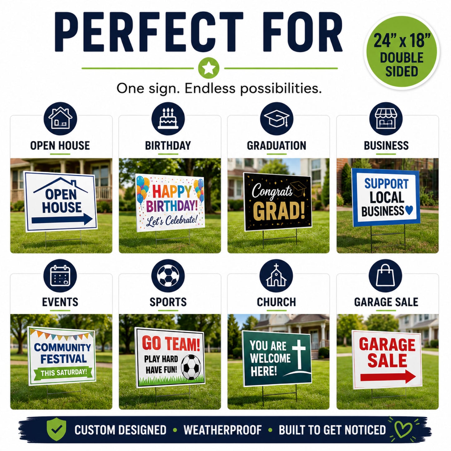 Custom personalized yard sign perfect for open houses, birthdays, graduations, businesses, community events, sports teams, churches, and garage sales with weatherproof double-sided printing.