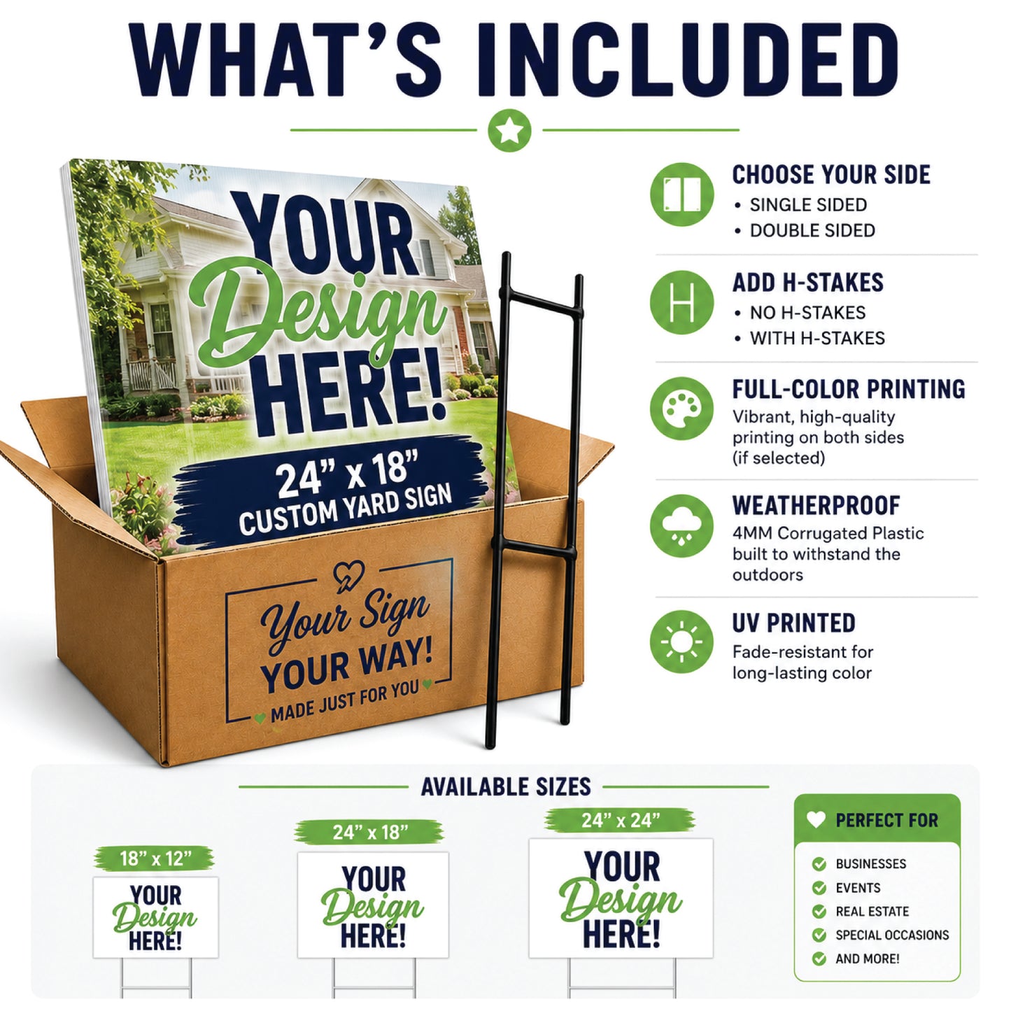 Custom yard sign features infographic showing single or double-sided printing, optional H-stakes, weatherproof corrugated plastic, UV printing, and available sign sizes for personalized outdoor signs.