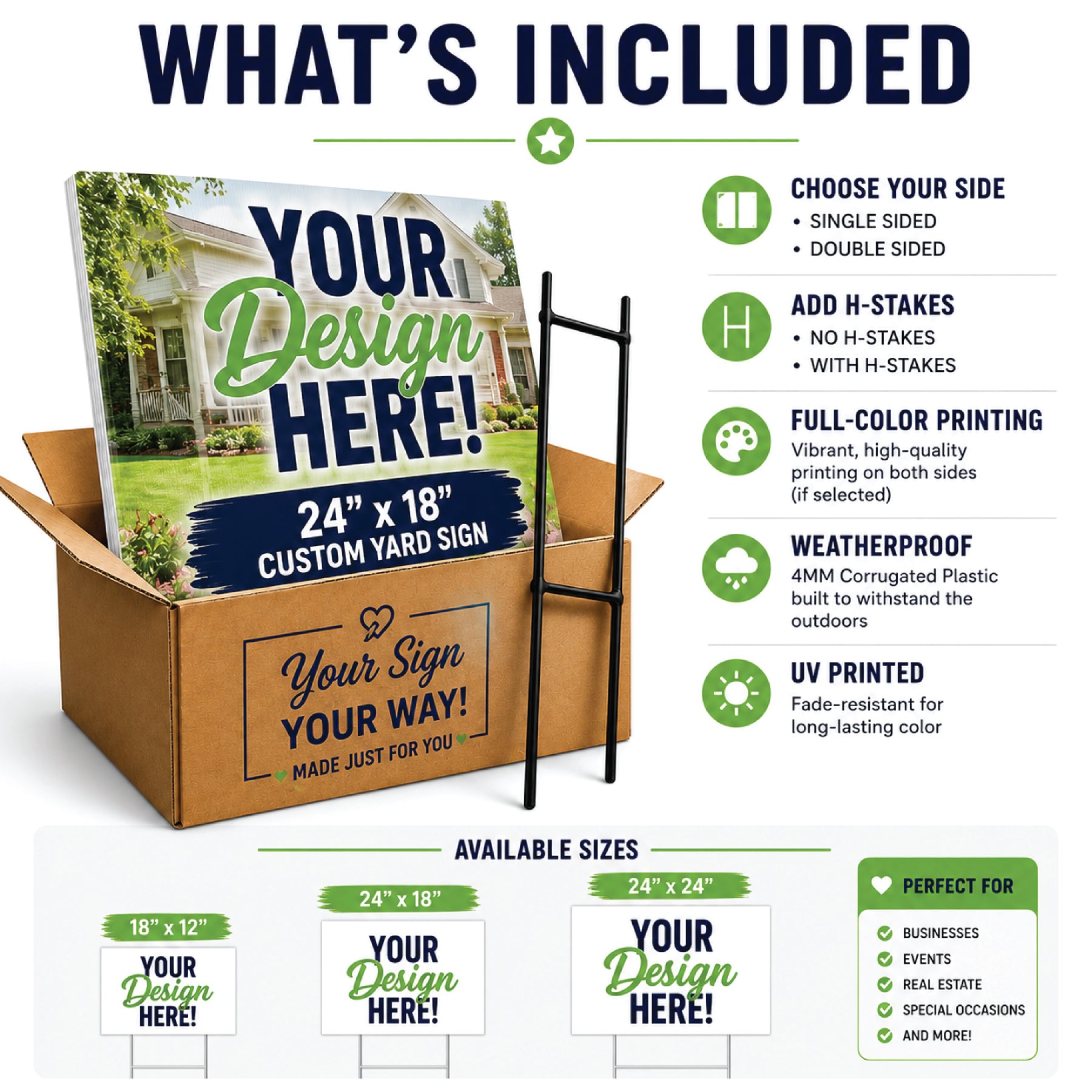 Custom yard sign features infographic showing single or double-sided printing, optional H-stakes, weatherproof corrugated plastic, UV printing, and available sign sizes for personalized outdoor signs.