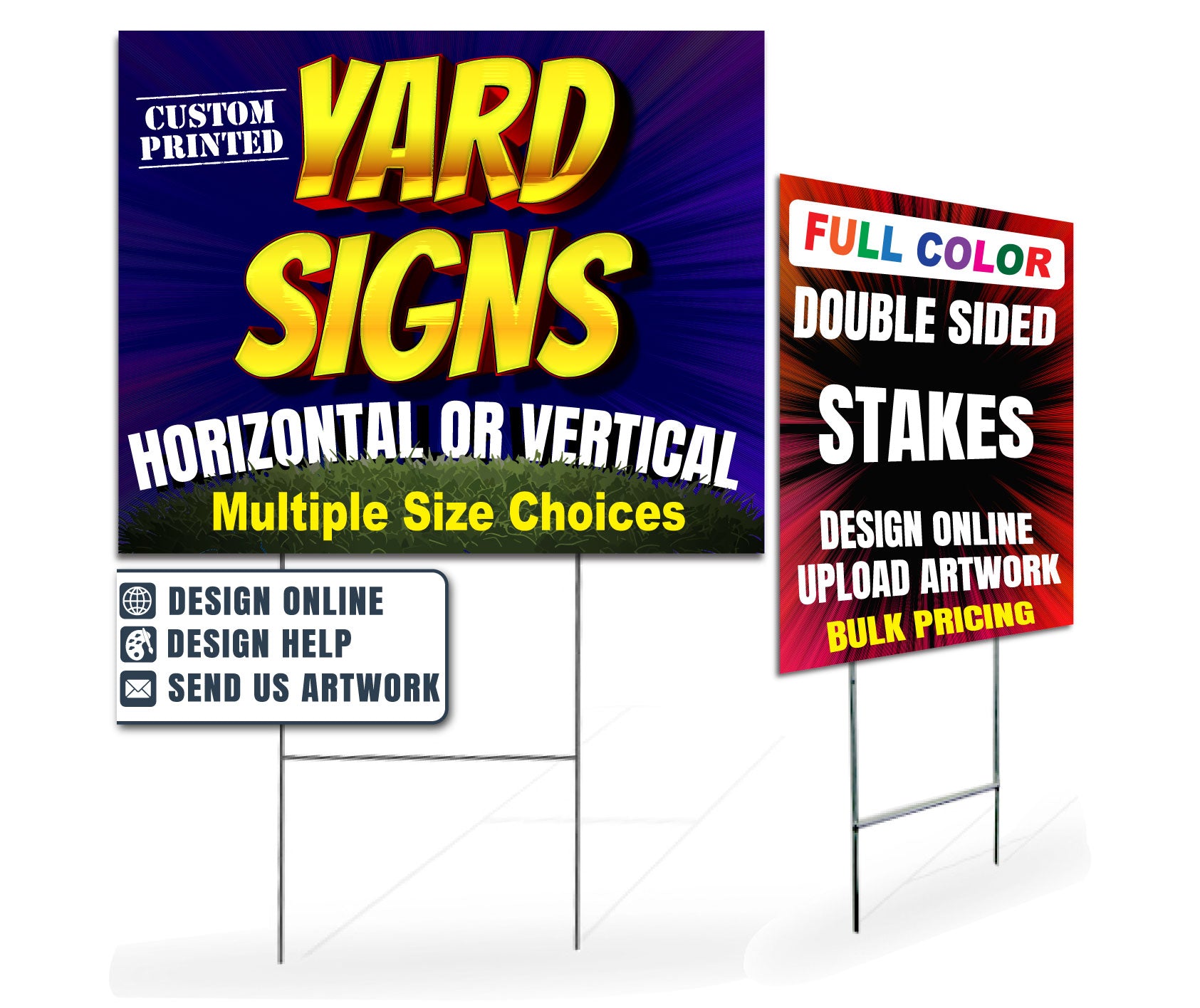 Custom yard sign with full-color printing on weatherproof corrugated plastic, available in multiple sizes with optional double-sided printing and H-stake hardware.