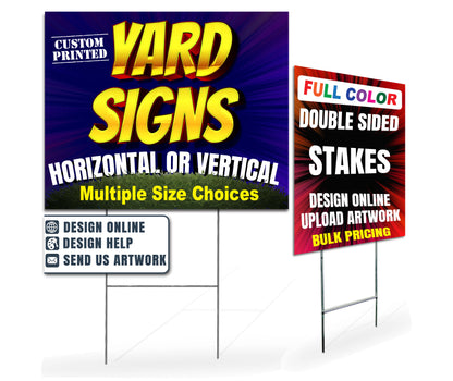 Custom yard sign with full-color printing on weatherproof corrugated plastic, available in multiple sizes with optional double-sided printing and H-stake hardware.