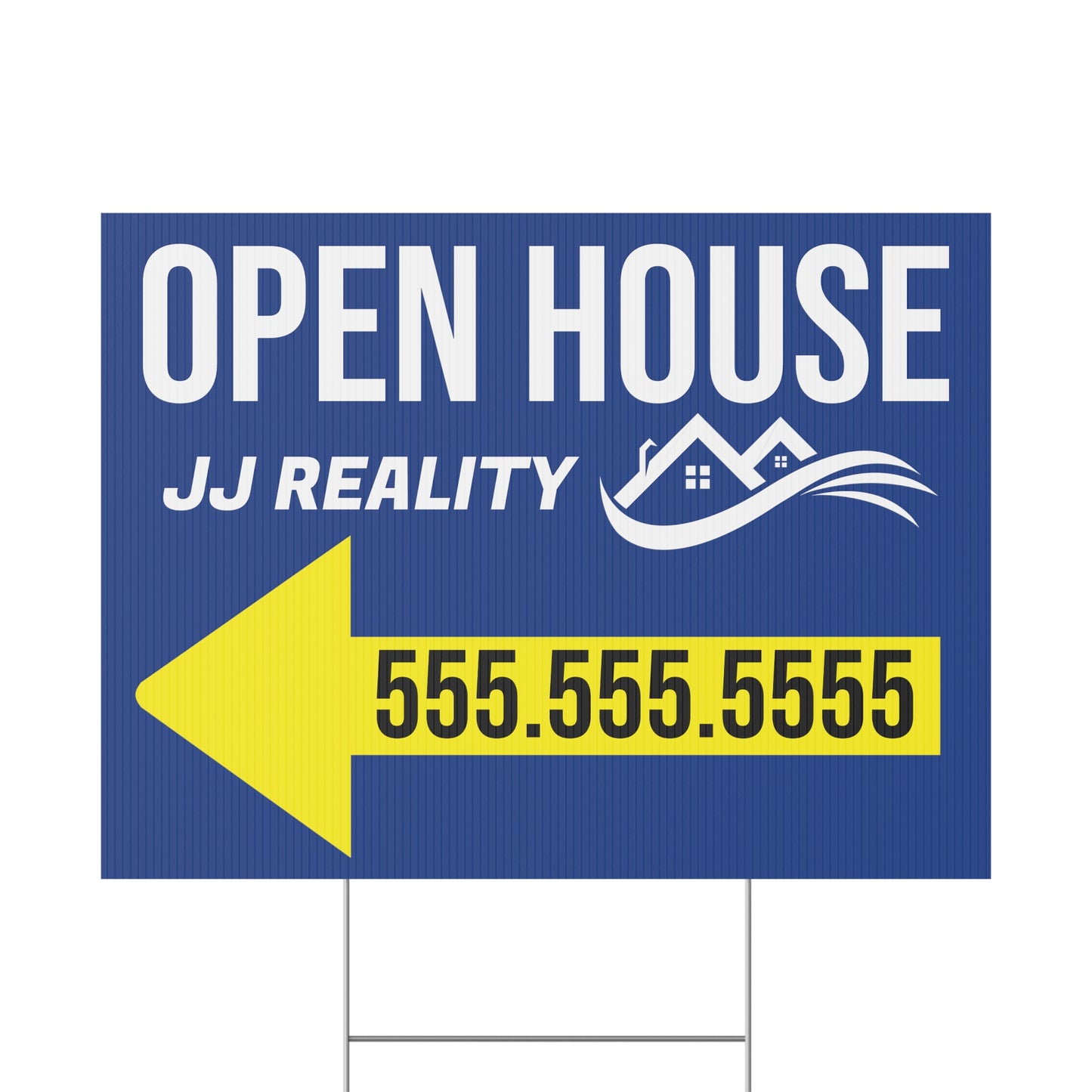 Open house sign for  Reality with a yellow arrow and phone number on a blue background