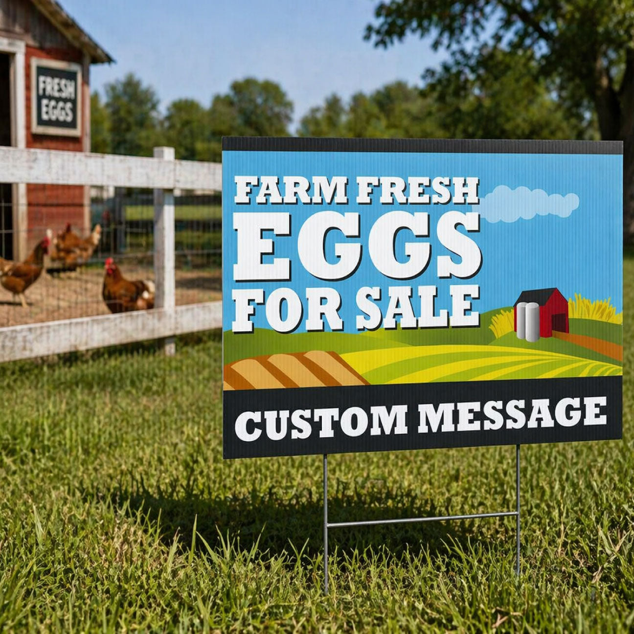 Close-up of custom farm fresh eggs yard sign showing high-quality printing on weatherproof coroplast plastic