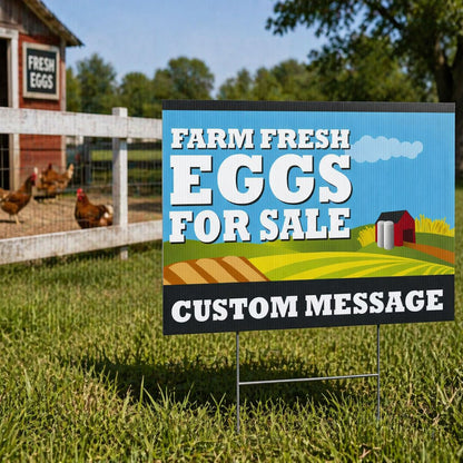 Close-up of custom farm fresh eggs yard sign showing high-quality printing on weatherproof coroplast plastic