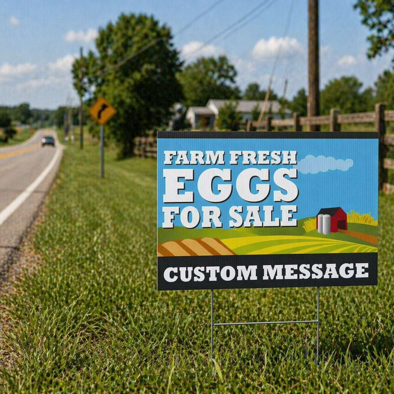 Farm fresh eggs for sale yard sign placed along rural roadside, outdoor lawn sign with H-stake advertising fresh eggs to passing traffic