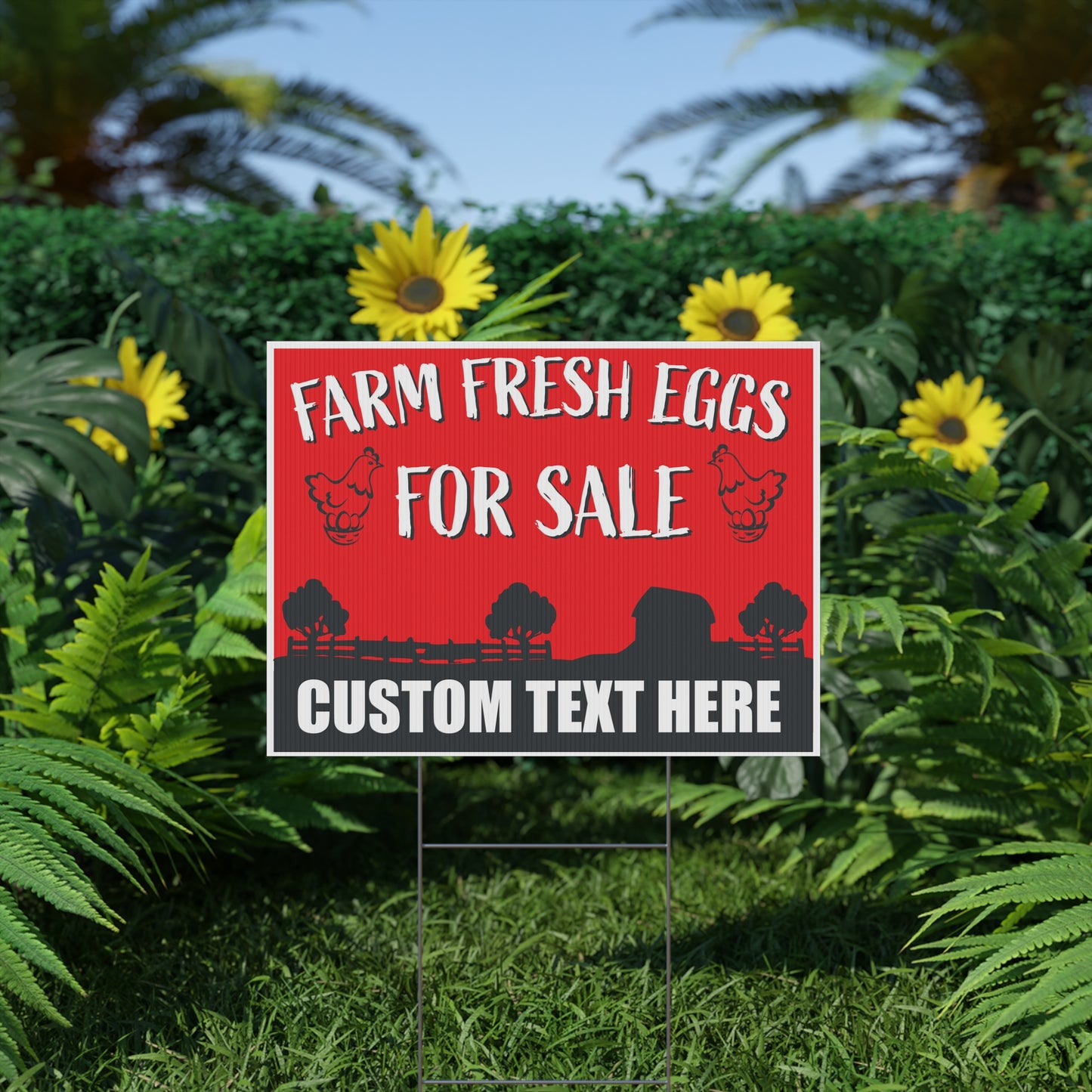 Custom Farm Fresh Eggs For Sale Yard Sign 24 x 36-inch (Outdoor, Weatherproof Corrugated Plastic) Metal H-Stake Included v2_Red
