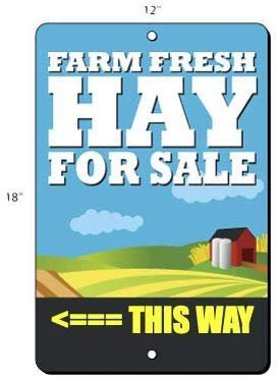 Metal sign with 'Farm Fresh Hay For Sale' text and a farm illustration on a blue background.