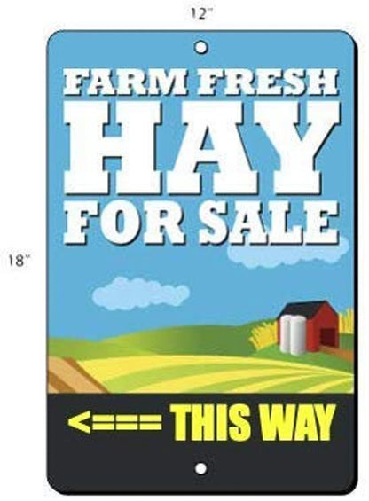 Metal sign with 'Farm Fresh Hay For Sale' text and a farm illustration on a blue background.