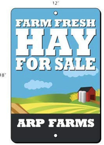 Metal sign with 'Farm Fresh Hay For Sale' text and a barn illustration on a blue background.