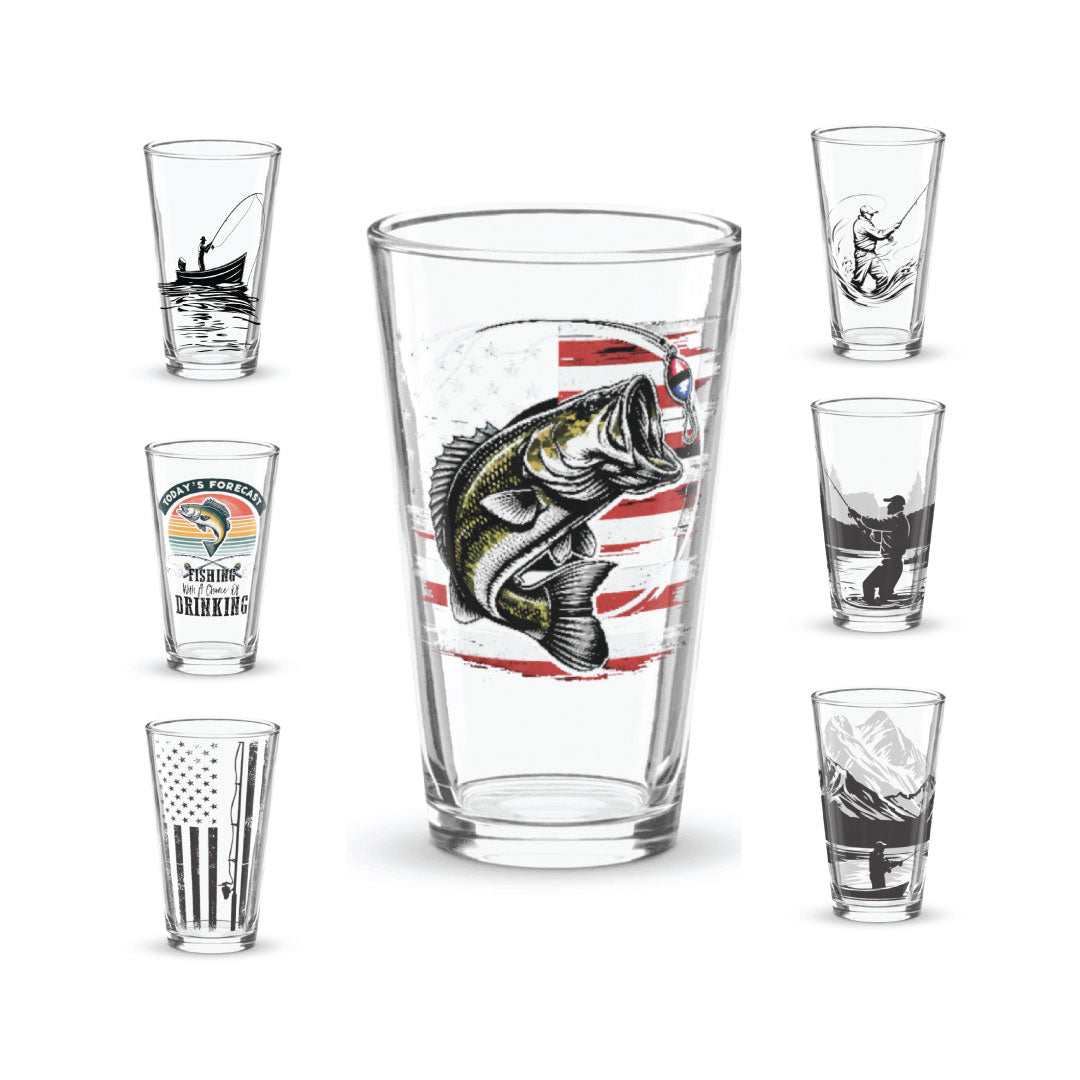 Fishing-themed 16 oz pint glass with full-color design