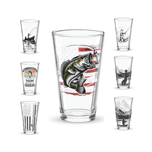 Fishing-themed 16 oz pint glass with full-color design