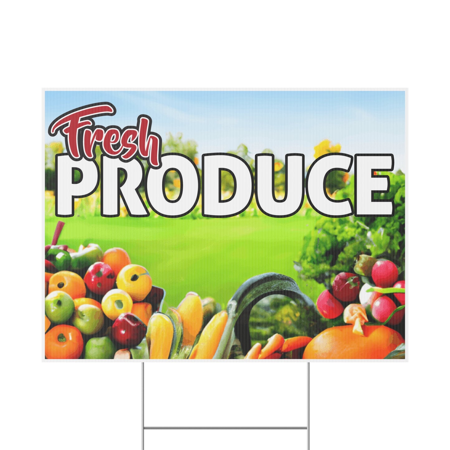 Fresh Produce Yard Sign, 18x12, 24x18, 36x24, Double Sided, H-Stake Included, v1