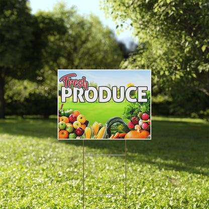 Fresh Produce Yard Sign, 18x12, 24x18, 36x24, Double Sided, H-Stake Included, v1