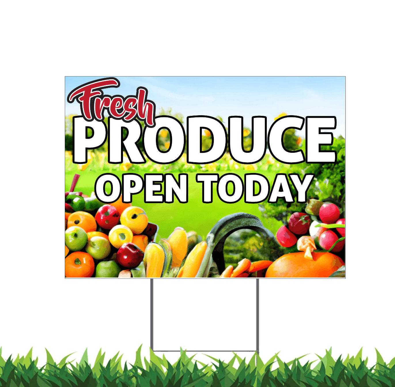 Fresh Produce Open Today Yard Sign, 18x12, 24x18, 36x24, Double Sided, H-Stake Included, v2
