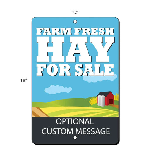 Sign with 'Farm Fresh Hay For Sale' text and a farm illustration on a blue background.
