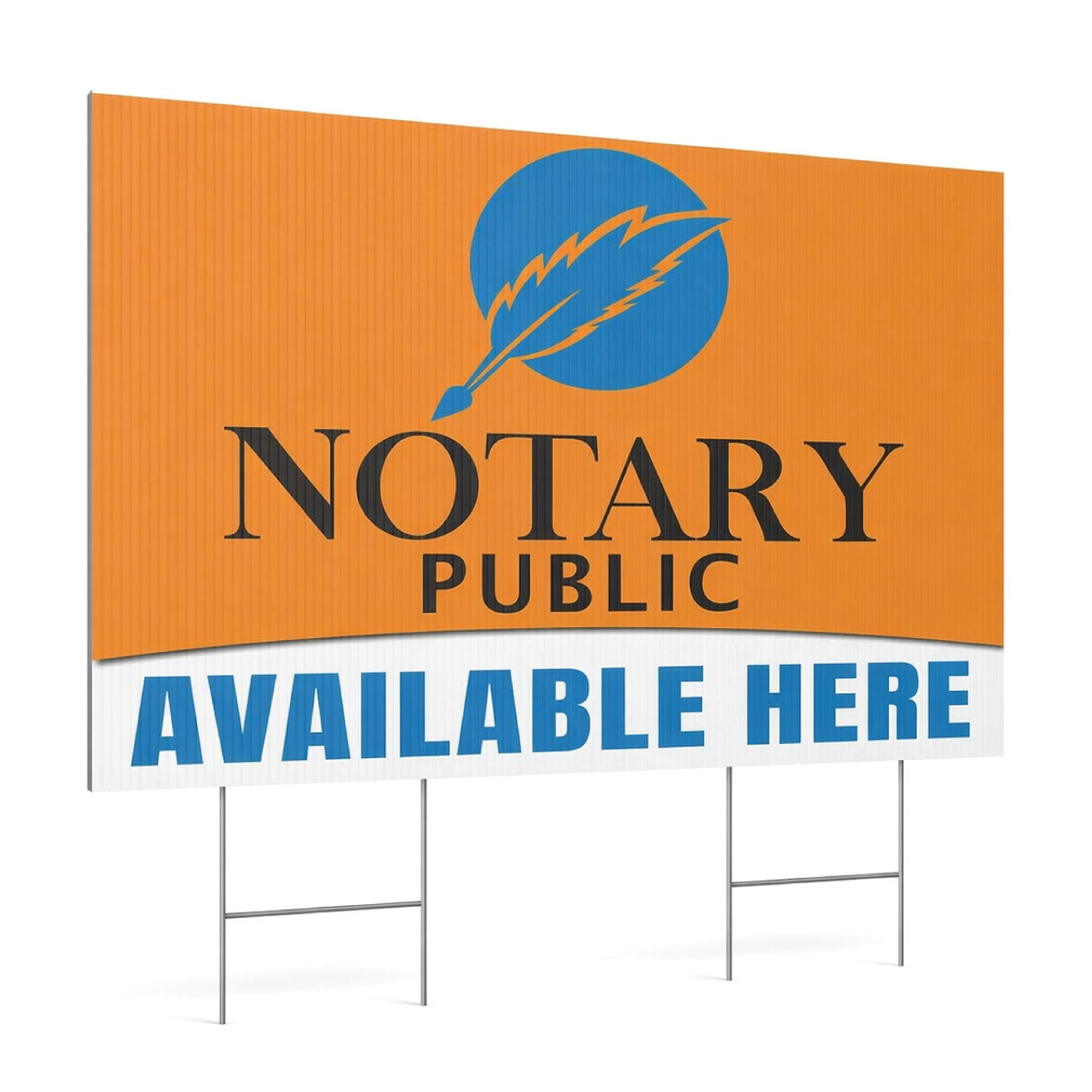 Notary public sign with orange background and blue feather logo.