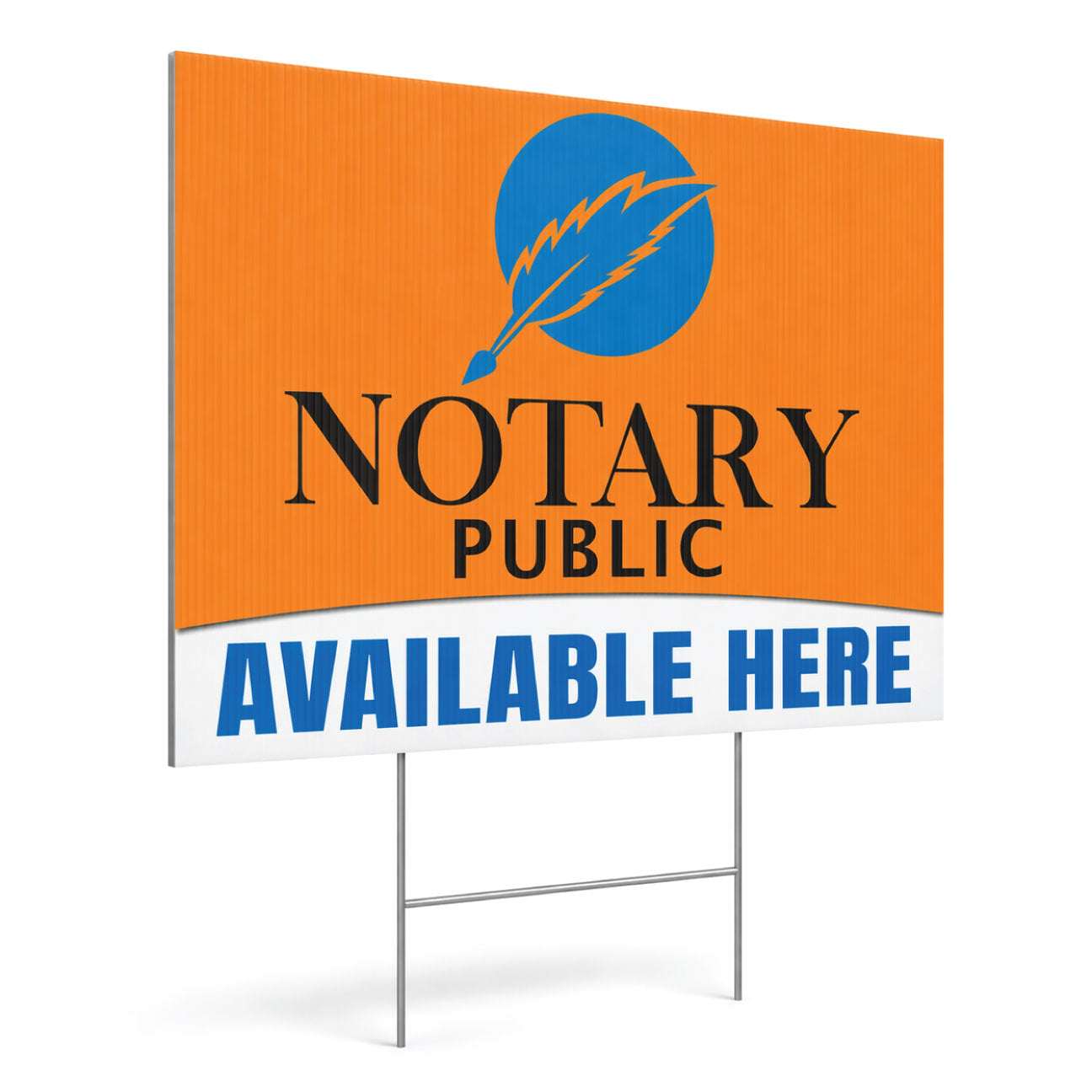 Orange and blue sign for a notary public service with a feather logo.