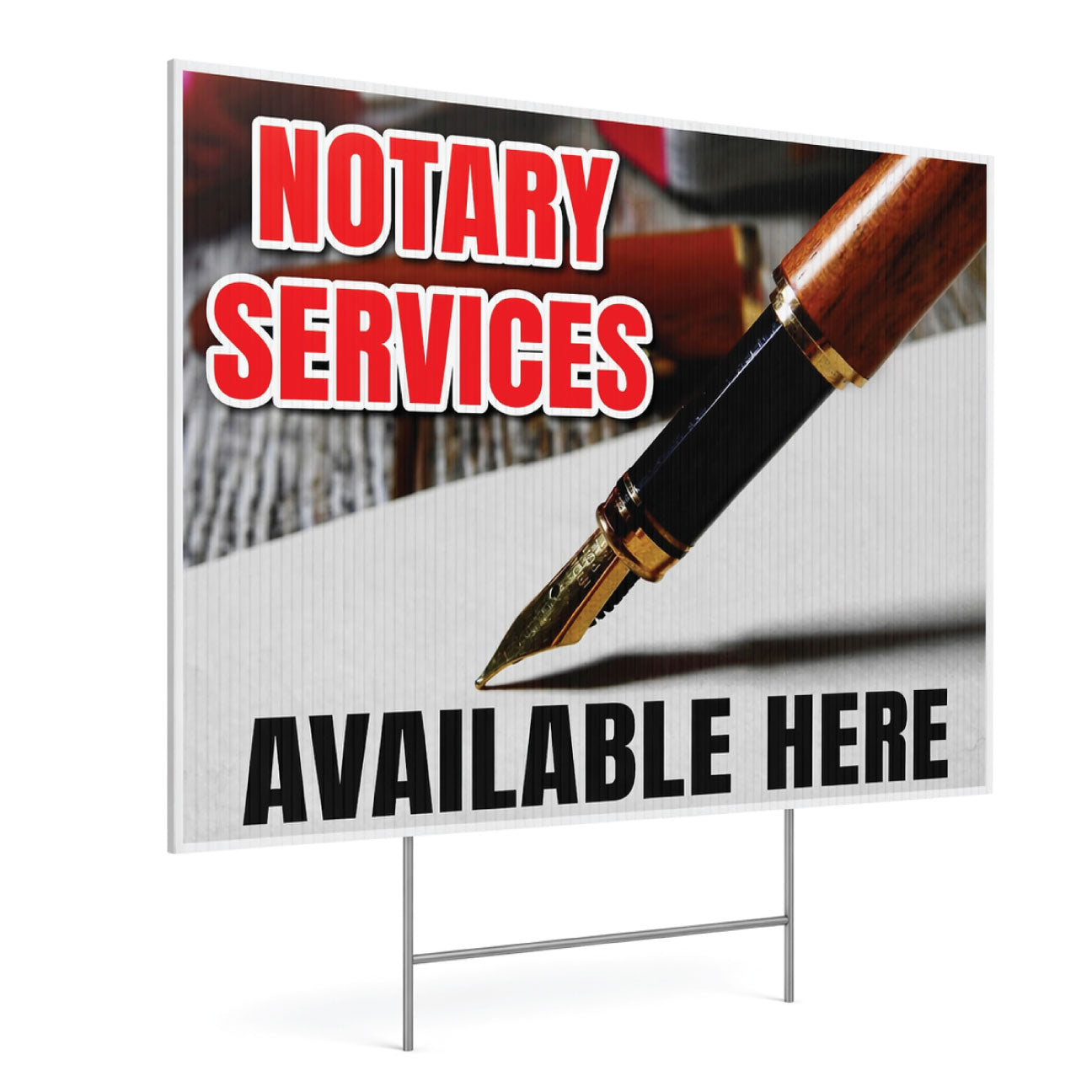 Yard Sign advertising notary services with a pen on a white background