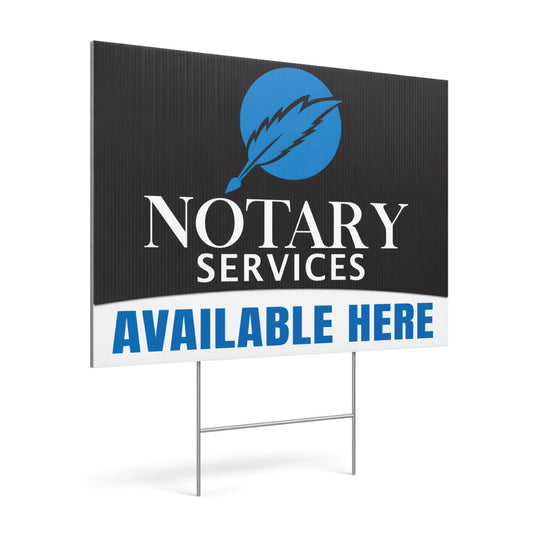 Professional notary services yard sign with H-stake, double sided outdoor coroplast sign available here, white background product image