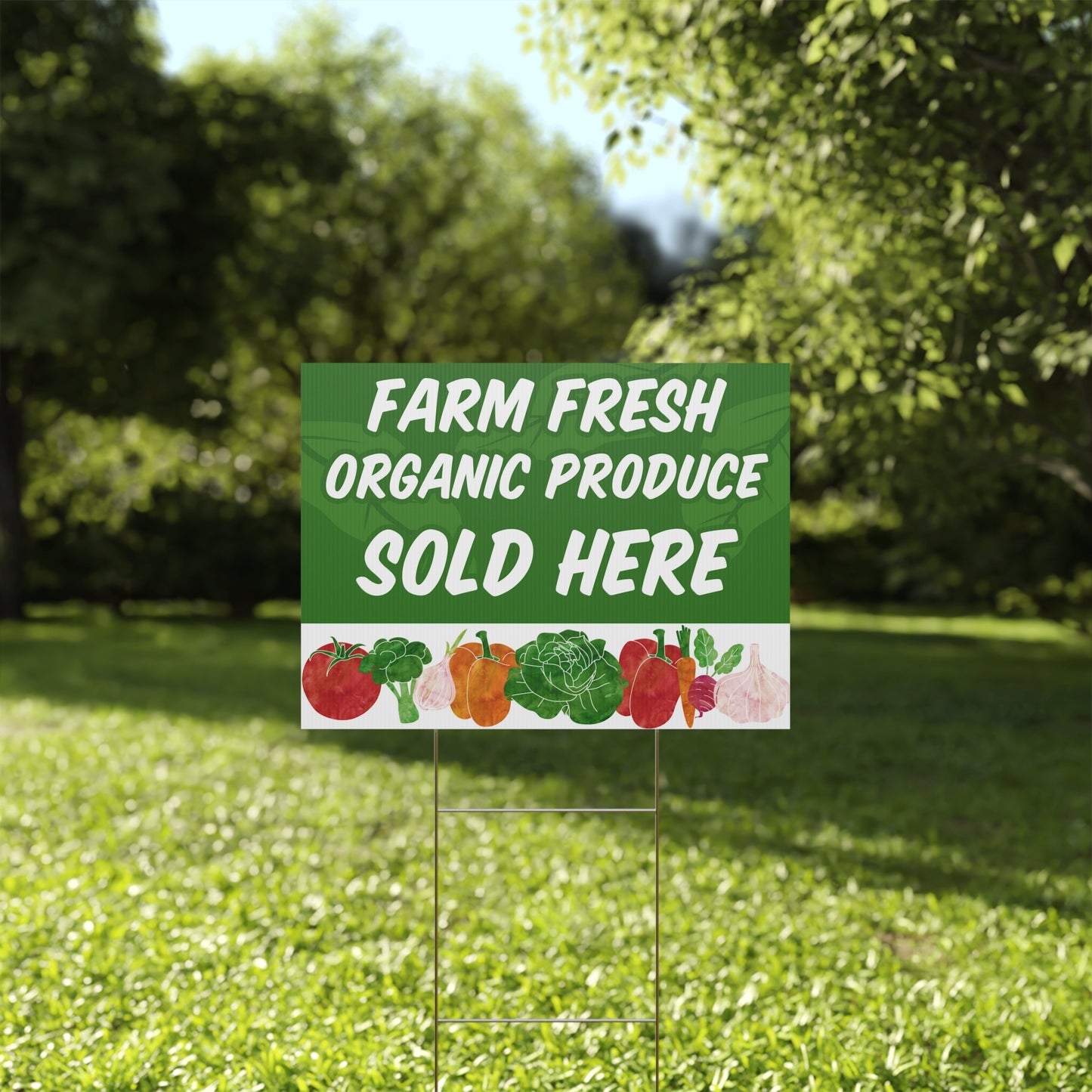 Farm Fresh Organic Produce Sign, Yard Sign, 18x12, 24x18, 36x24, Double Sided, H-Stake Included, v1
