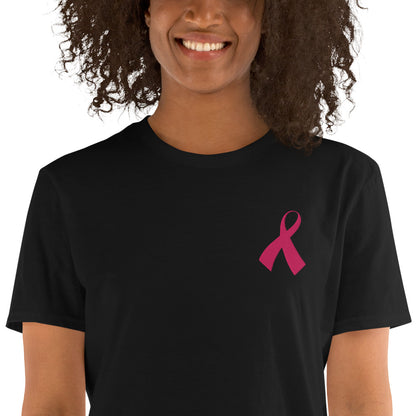 Pink Ribbon Awareness Embroidered Soft T-Shirt Close Up