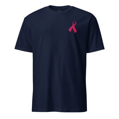 Pink Ribbon Awareness Embroidered Soft T-Shirt Navy