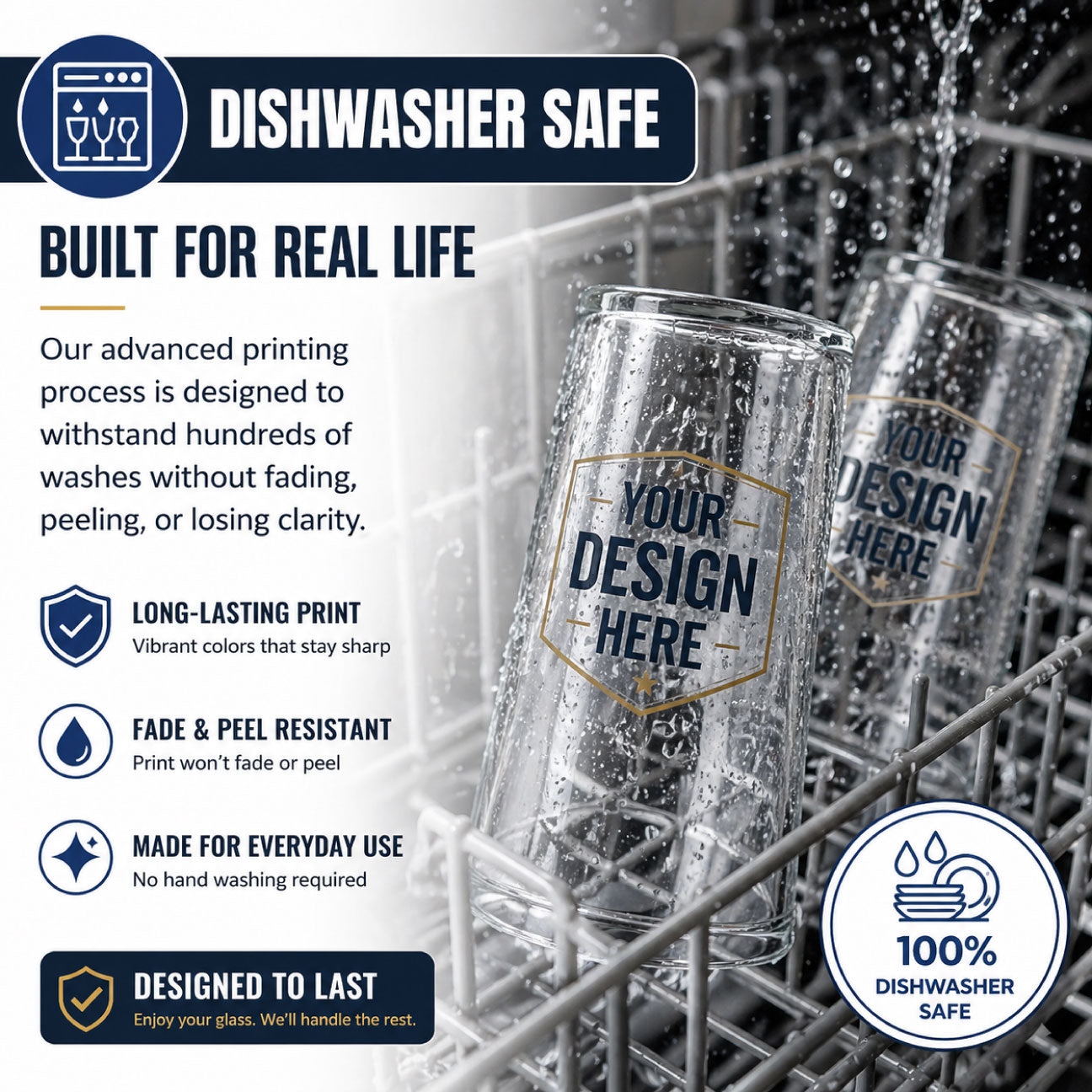 Clear pint glasses with 'Your Design Here' text in a dishwasher, featuring text about dishwasher safety and design durability.