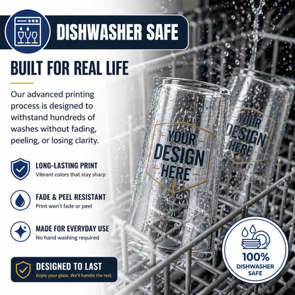 Clear pint glasses with 'Your Design Here' text in a dishwasher, featuring text about dishwasher safety and design durability.
