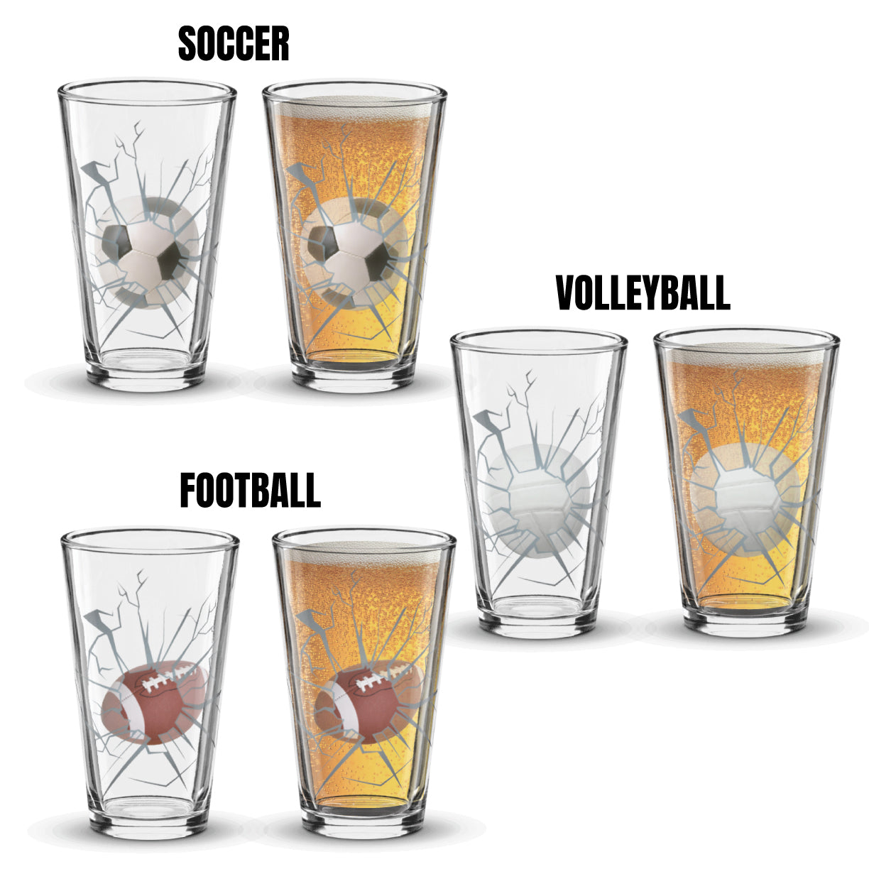 Pint Glass Smash Through 3D Effect Soccer, Volleyball, Football