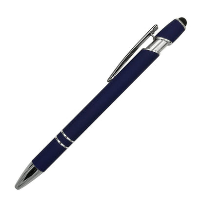 Blue pen with silver accents on a white background