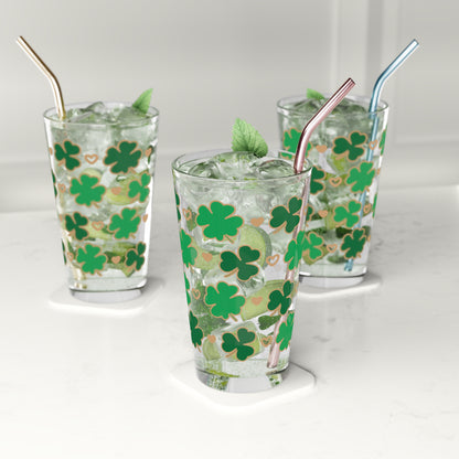 St Patricks Day Pint Glass Clovers and Gold Hearts