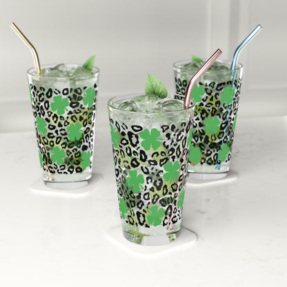 St Patricks Day Pint Glass Leopard Pattern and Clovers