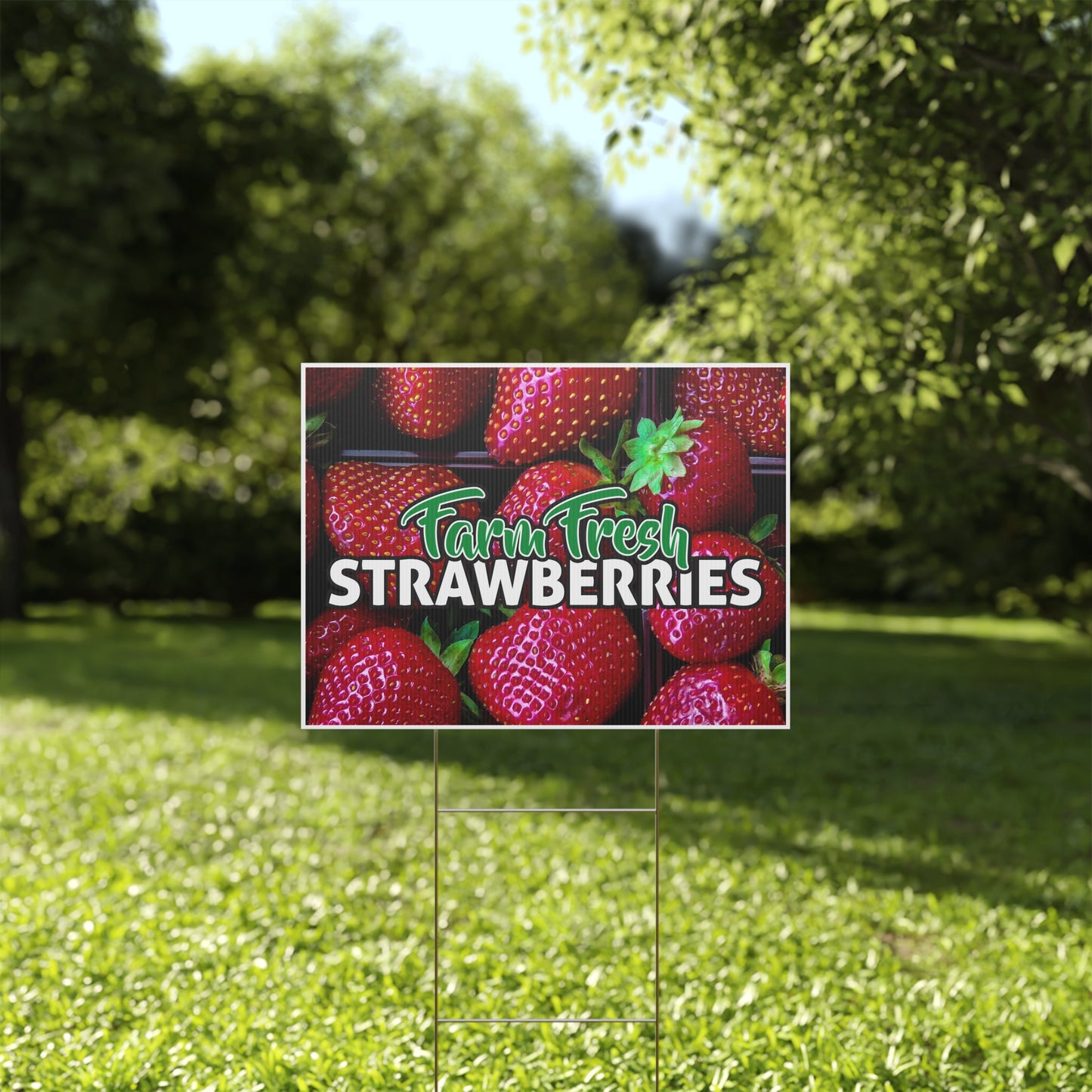 Farm Fresh Strawberries Sign, Strawberry Yard Sign, 18x12, 24x18, 36x24, Double Sided, H-Stake Included