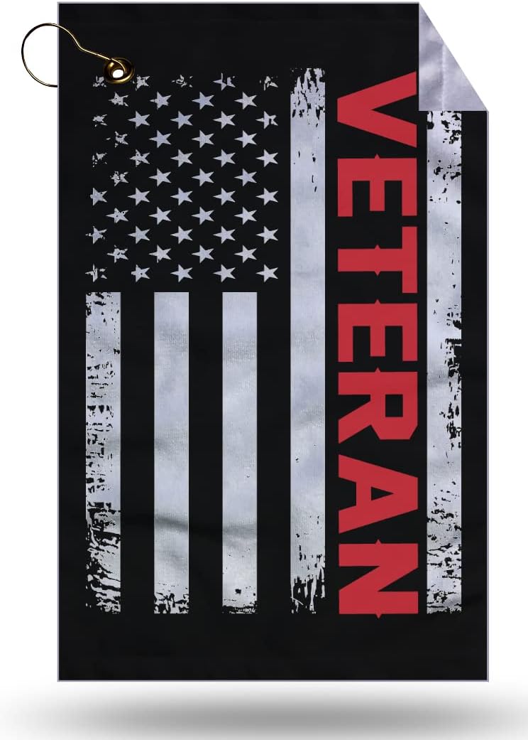 American flag golf towel with 'Veteran' text on a black background
