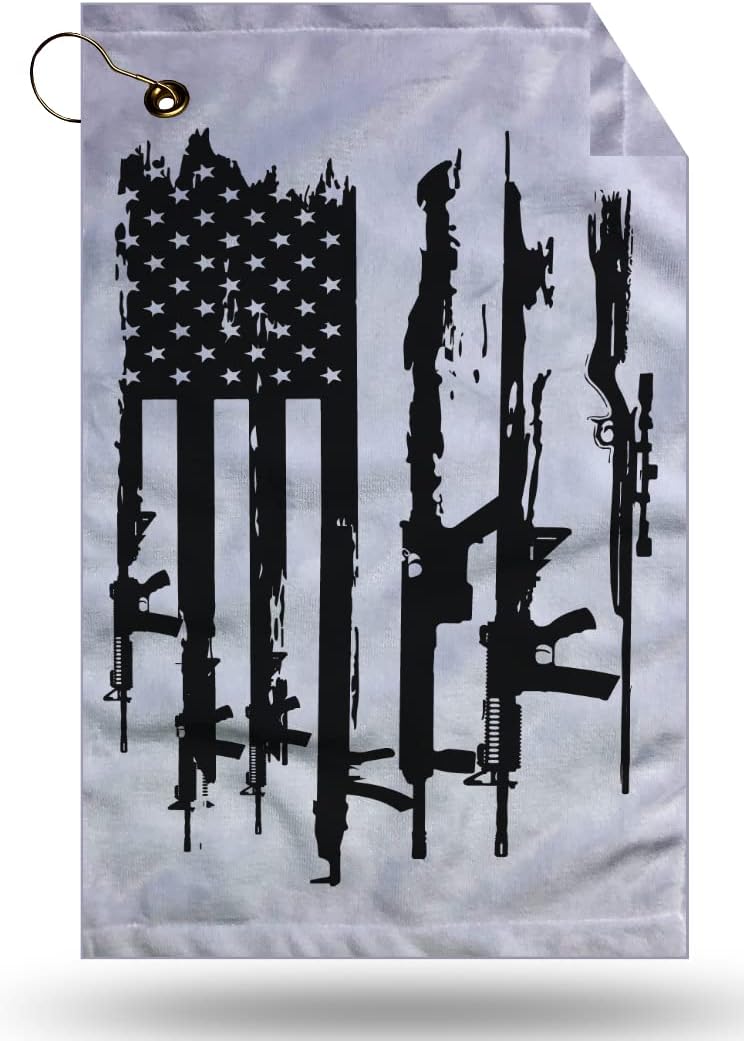 American flag golf towel with silhouette of rifles on a gray background